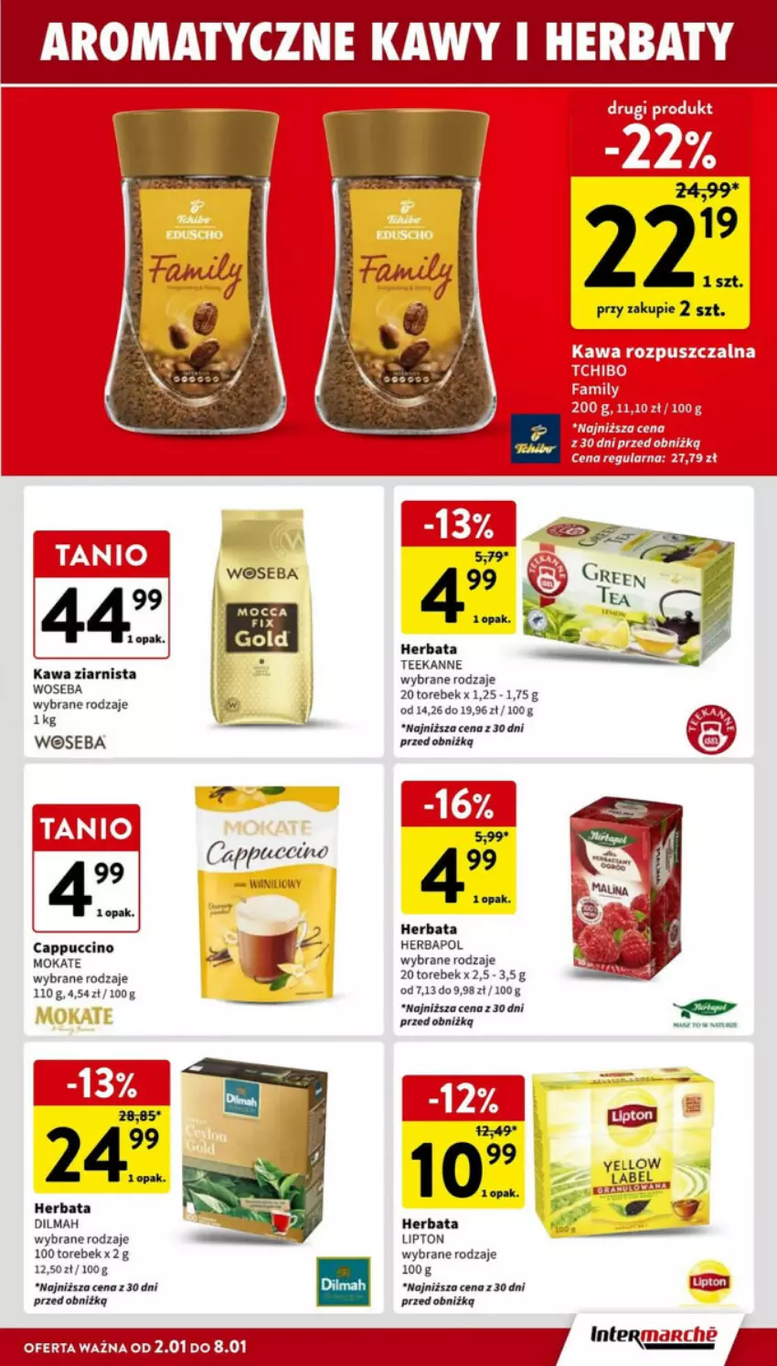 Gazetka promocyjna Intermarche - ważna 02.01 do 08.01.2025 - strona 18 - produkty: Cappuccino, Dilmah, Herbapol, Herbata, Kawa, Kawa ziarnista, Lipton, Woseba