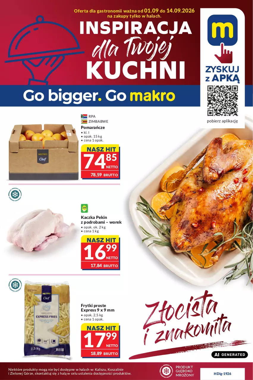 Gazetka promocyjna Makro - Oferta dla gastronomii - ważna 01.09 do 14.09.2026 - strona 1 - produkty: Frytki, Kaczka, Kosz, O nas, Pomarańcze, Szal