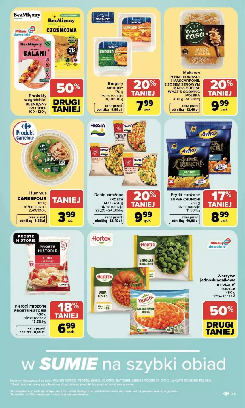 Gazetka promocyjna Carrefour - Gazetka Carrefour, Market w SUMIE najlepszy, od poniedziałku - ważna 13.07 do 18.07.2026 - strona 37 - produkty: Burger, Frosta, Frytki, Hortex, Hummus, Kurczak, Makaron, Marchewka, Mascarpone, Morliny, Mus, Penne, Pierogi, Ser, Sos, Warzywa