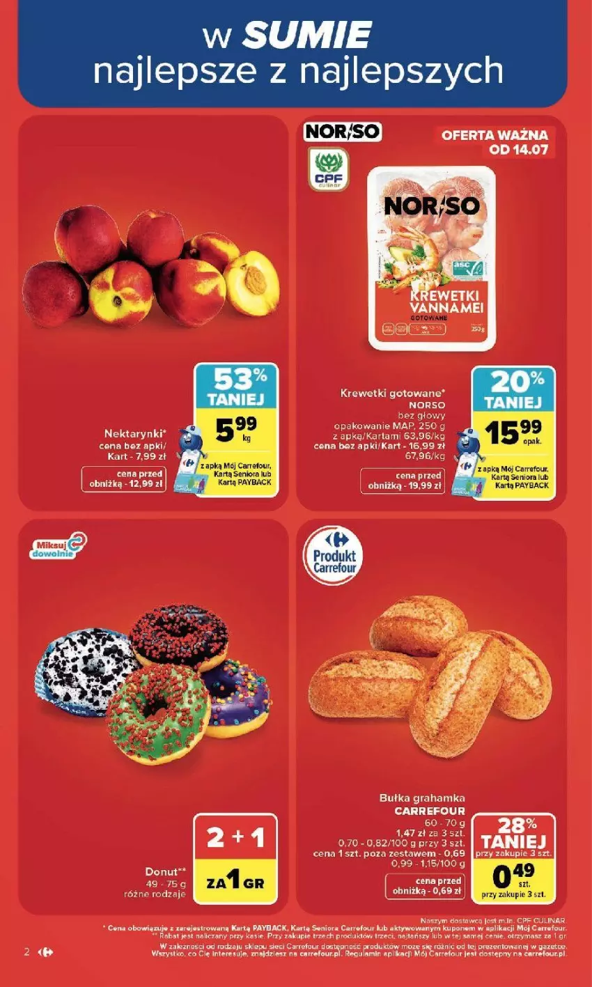 Gazetka promocyjna Carrefour - Gazetka Carrefour, Market w SUMIE najlepszy, od poniedziałku - ważna 13.07 do 18.07.2026 - strona 4 - produkty: Bułka, Bułka grahamka, Donut, Gra, Krewetki, Nektar