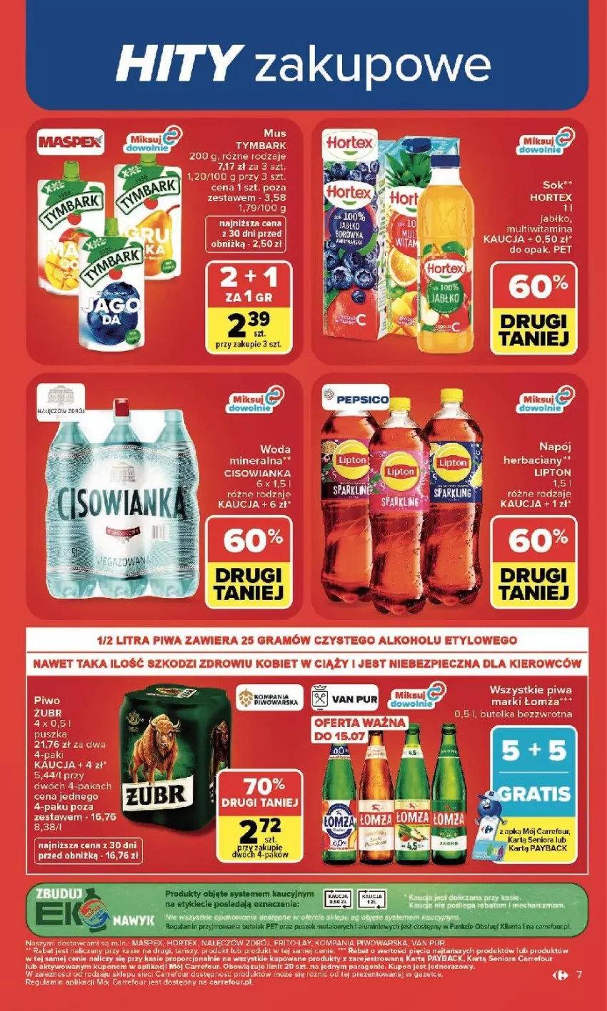 Gazetka promocyjna Carrefour - Gazetka Carrefour, Market w SUMIE najlepszy, od poniedziałku - ważna 13.07 do 18.07.2026 - strona 9 - produkty: Cisowianka, Gra, Hortex, Lipton, Mus, Napój, Piec, Piwa, Piwo, Por, Sok, Woda