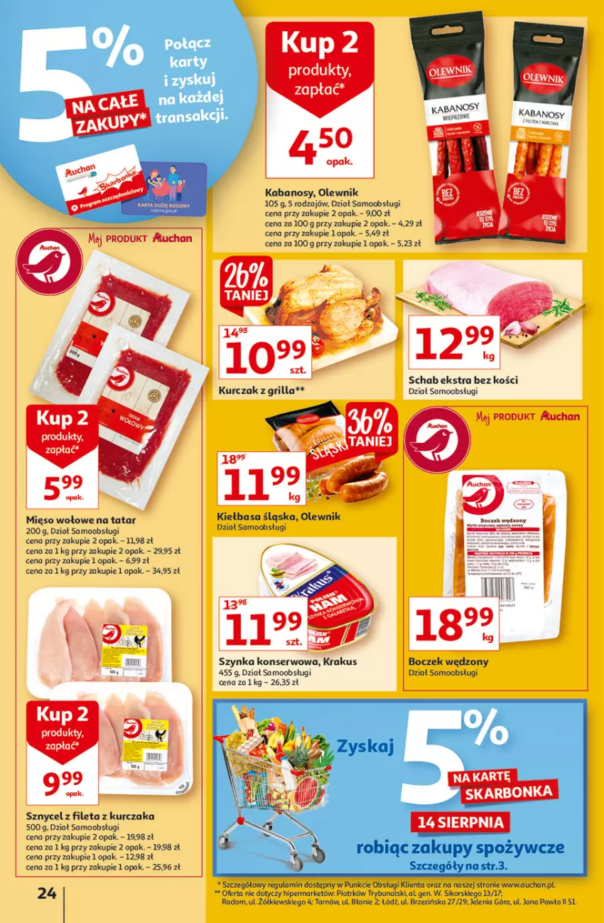 Gazetka promocyjna Auchan - Rysuje się porządek na biurku Hipermarkety - ważna 12.08 do 18.08.2021 - strona 24 - produkty: Boczek, Kabanos, Kiełbasa, Kiełbasa śląska, Krakus, Kurczak, Mięso, Mięso wołowe, Olewnik, Ser, Szynka, Szynka konserwowa