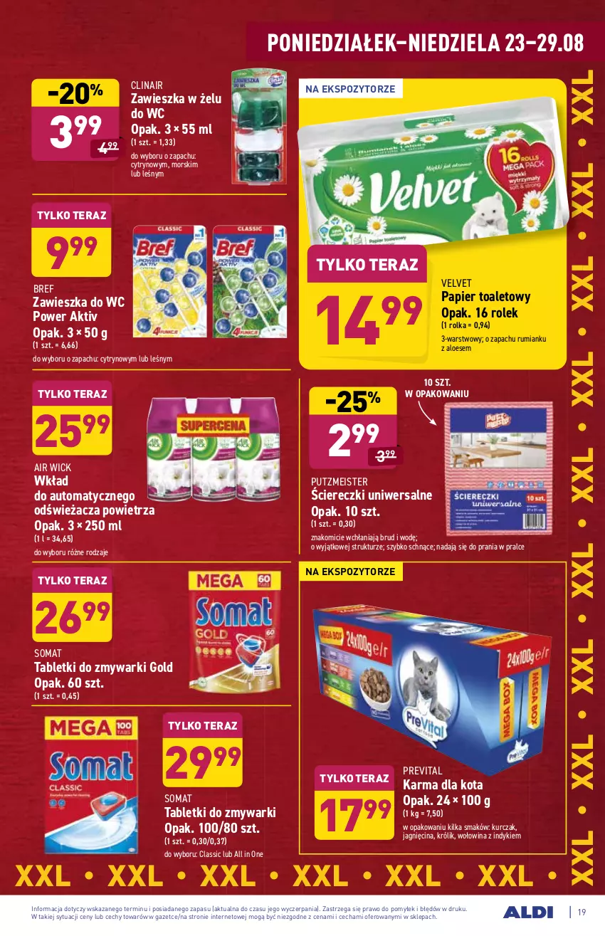 Gazetka promocyjna Aldi - ważna 23.08 do 29.08.2021 - strona 19 - produkty: Air Wick, Bref, Clin, Królik, Kurczak, Papier, Papier toaletowy, Putzmeister, Rum, Somat, Tablet, Tabletki do zmywarki, Tera, Velvet, Wołowina, Zawieszka do wc, Zmywarki