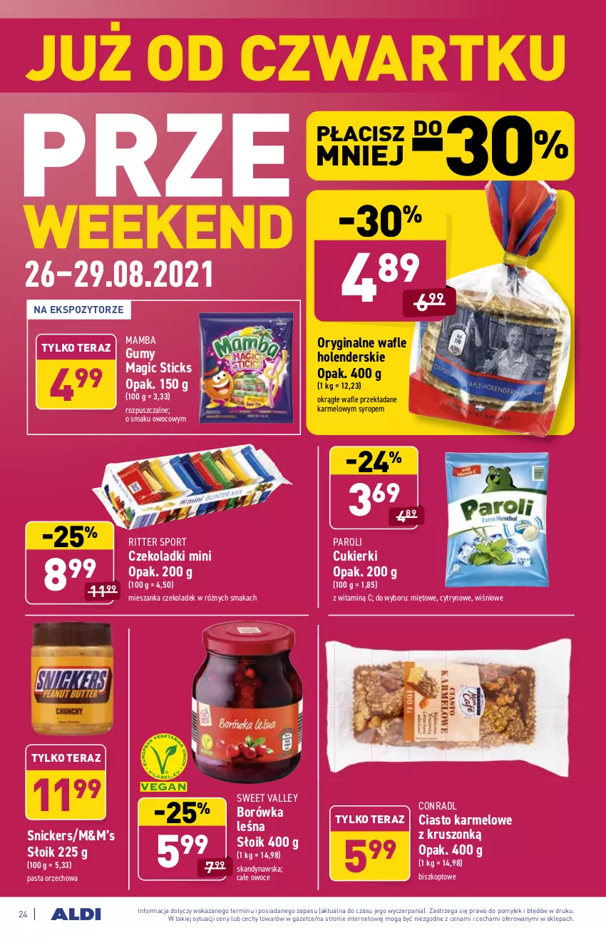 Gazetka promocyjna Aldi - ważna 23.08 do 29.08.2021 - strona 24 - produkty: Borówka, Cukier, Cukierki, Gin, Mamba, Owoce, Por, Ritter Sport, Snickers, Sport, Syrop, Tera, Wafle