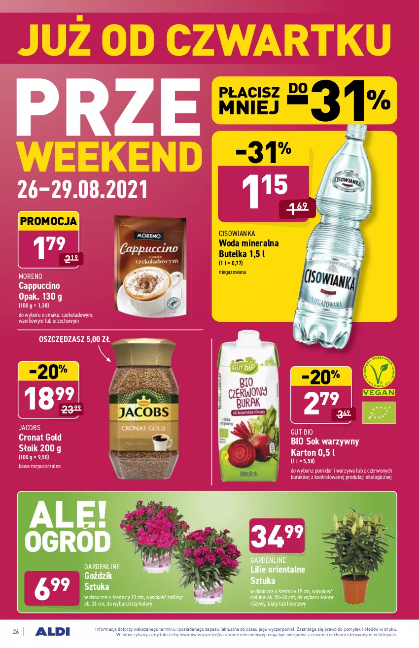 Gazetka promocyjna Aldi - ważna 23.08 do 29.08.2021 - strona 26 - produkty: Cappuccino, Cisowianka, Jacobs, Kawa, Kawa rozpuszczalna, Sok, Warzywa, Woda, Woda mineralna