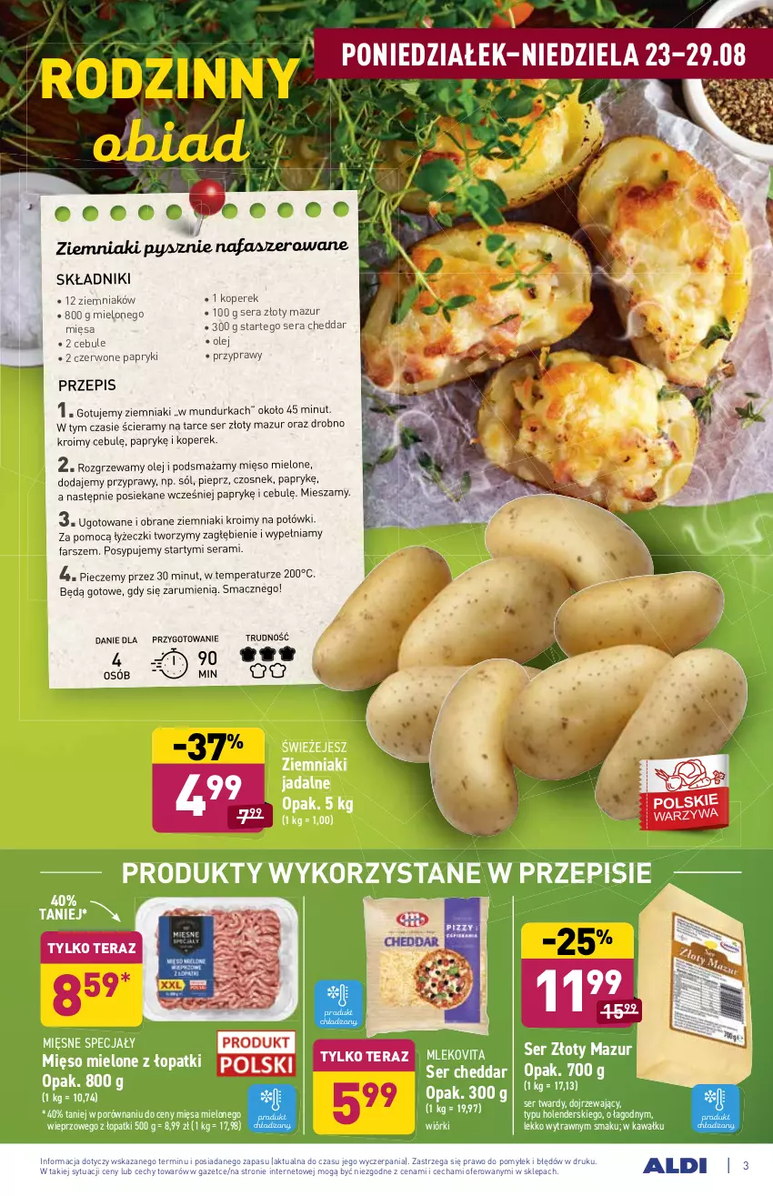 Gazetka promocyjna Aldi - ważna 23.08 do 29.08.2021 - strona 3 - produkty: Cheddar, Czosnek, Fa, Kawa, Mięsne specjały, Mięso, Mięso mielone, Mleko, Mlekovita, Olej, Piec, Pieprz, Por, Przyprawy, Rum, Ser, Sól, Tera, Ziemniaki, Złoty Mazur