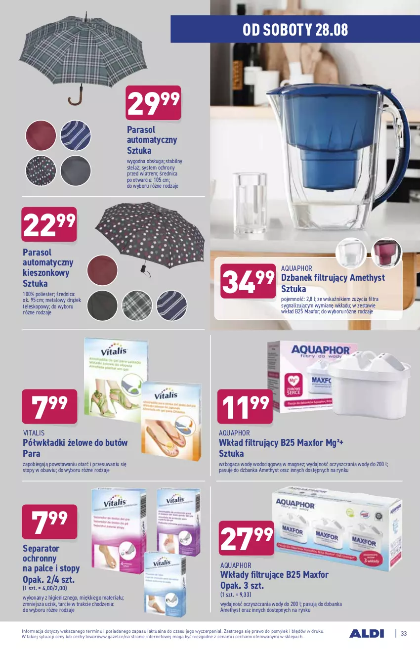 Gazetka promocyjna Aldi - ważna 23.08 do 29.08.2021 - strona 33 - produkty: Aquaphor, Dzbanek, Dzbanek filtrujący, Magnez, Parasol, Teleskop, Top, Wkład filtrujący, Wkładki