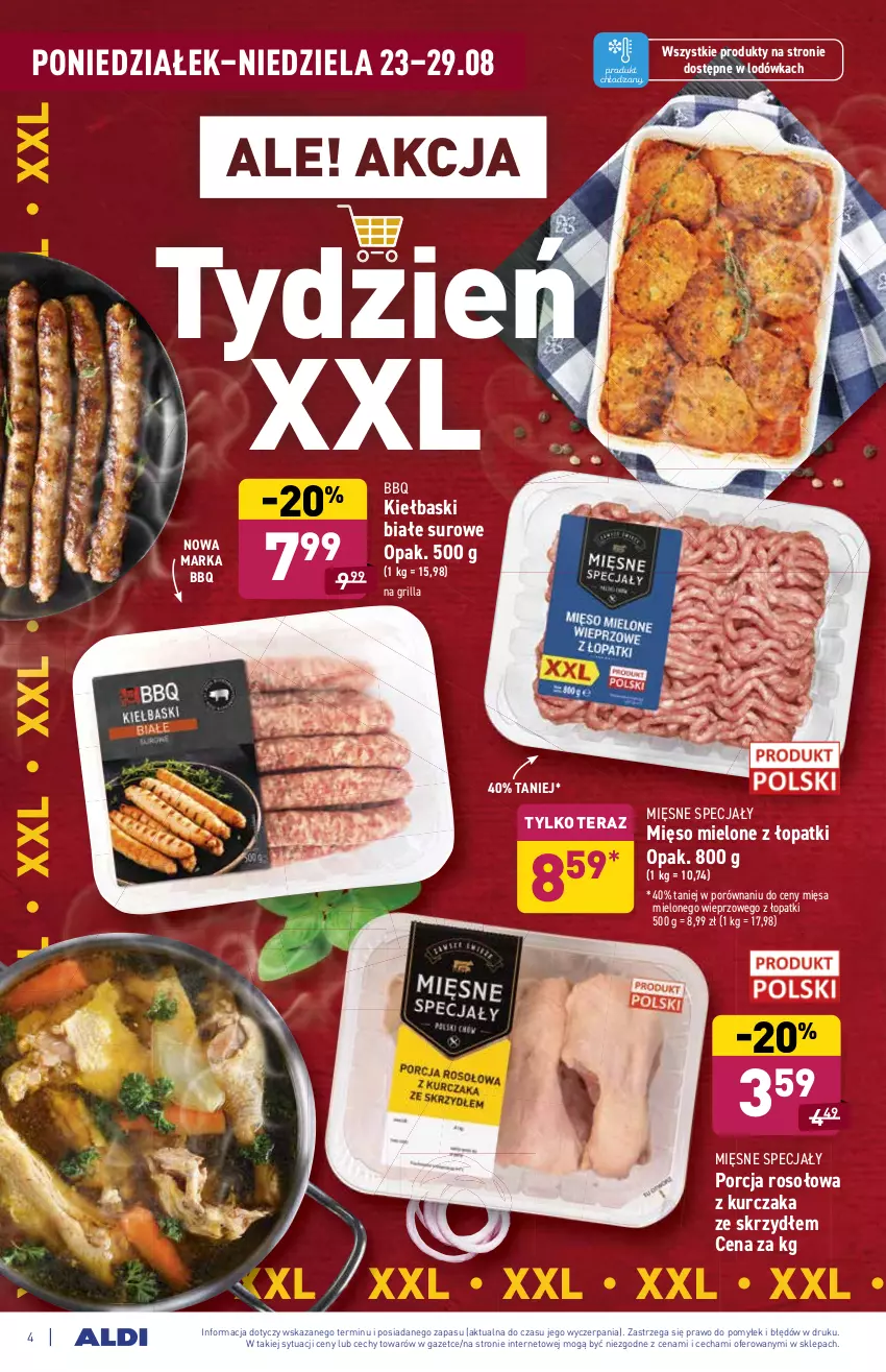 Gazetka promocyjna Aldi - ważna 23.08 do 29.08.2021 - strona 4 - produkty: Grill, Kiełbaski białe, Kurczak, Lodówka, Mięsne specjały, Mięso, Mięso mielone, Por, Tera