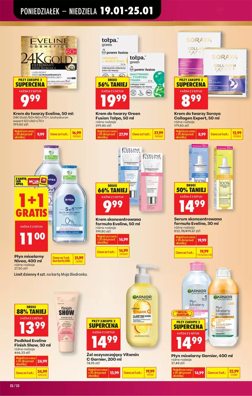 Gazetka promocyjna Biedronka - Gazetka - ważna 19.01 do 26.01.2026 - strona 24 - produkty: Canon, Eveline, Finish, Fusion, Garnier, Gry, Krem do twarzy, Nivea, Płyn micelarny, Podkład, Por, Rum, Ser, Serum, Tołpa