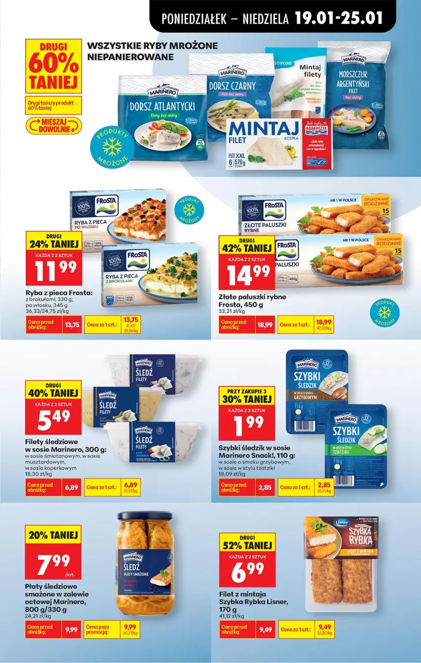 Gazetka promocyjna Biedronka - Gazetka - ważna 19.01 do 26.01.2026 - strona 45 - produkty: Dorsz, Filet z mintaja, Frosta, Lisner, Mintaj, Mus, Paluszki rybne, Piec, Płaty śledziowe, Ryba, Sos