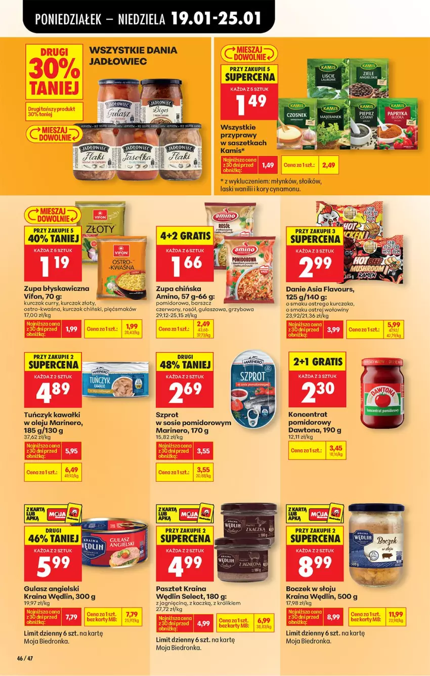 Gazetka promocyjna Biedronka - Gazetka - ważna 19.01 do 26.01.2026 - strona 56 - produkty: Boczek, Dawtona, Gra, Kamis, Kawa, Koncentrat pomidorowy, Królik, Kurczak, Olej, Pasztet, Por, Przyprawy, Rosół, Sos, Szprot, Szprot w sosie, Tuńczyk, Zupa