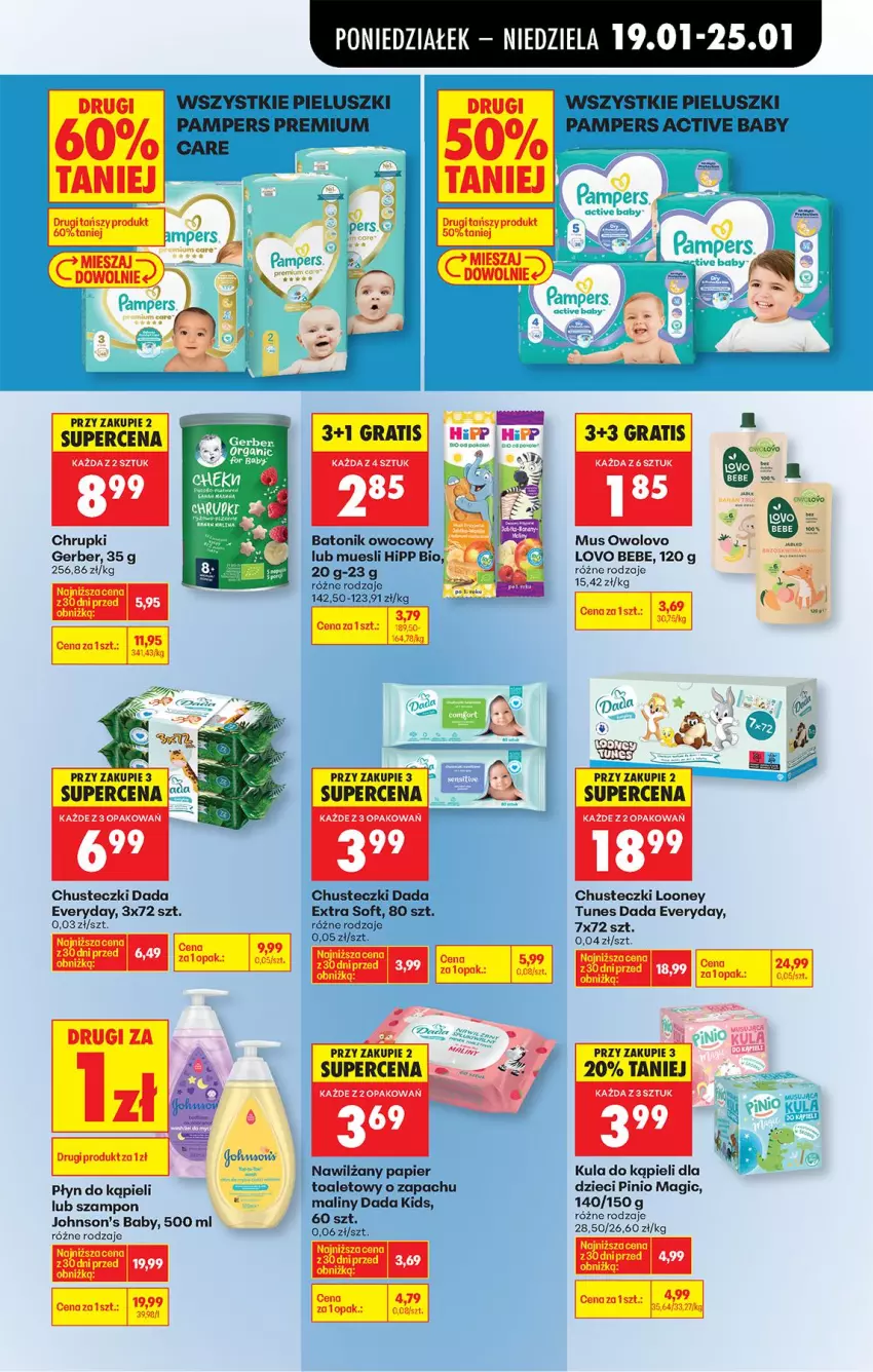 Gazetka promocyjna Biedronka - Gazetka - ważna 19.01 do 26.01.2026 - strona 73 - produkty: Baton, Chrupki, Chusteczki, Dada, Dzieci, Fa, Gerber, HiPP, Johnson's, Johnson's Baby, Kula do kąpieli, Maliny, Mus, Nawilżany papier, Pampers, Papier, Papier toaletowy, Płyn do kąpieli, Szampon, Tonik