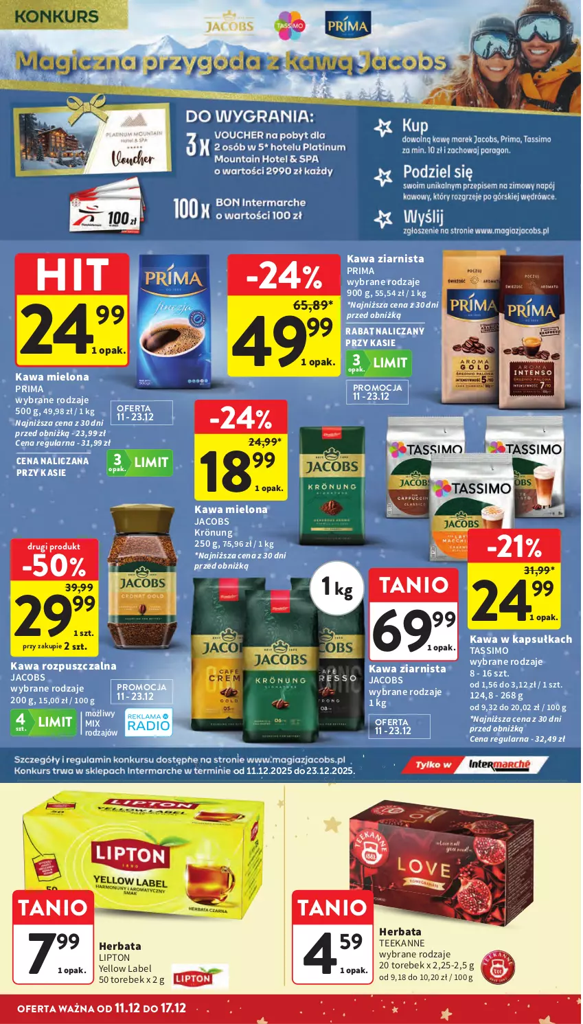 Gazetka promocyjna Intermarche - Gazetka promocyjna - ważna 11.12 do 17.12.2025 - strona 39 - produkty: Herbata, Jacobs, Jacobs Krönung, Kawa, Kawa mielona, Kawa rozpuszczalna, Kawa ziarnista, Lipton, Prima, Tassimo, Teekanne