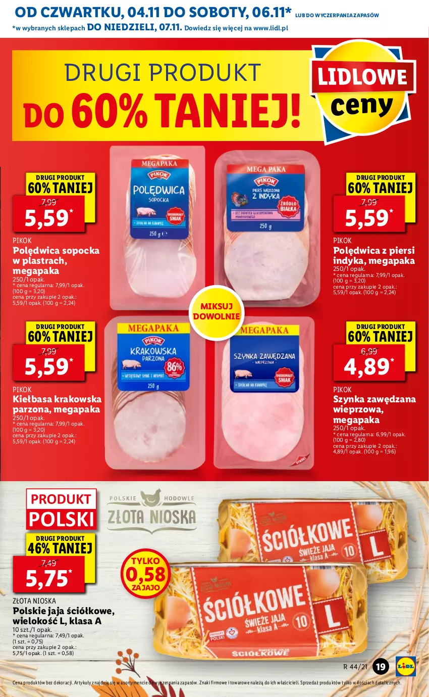 Gazetka promocyjna Lidl - GAZETKA - ważna 04.11 do 07.11.2021 - strona 19 - produkty: Jaja, Kiełbasa, Kiełbasa krakowska, PIKOK, Polędwica, Szynka