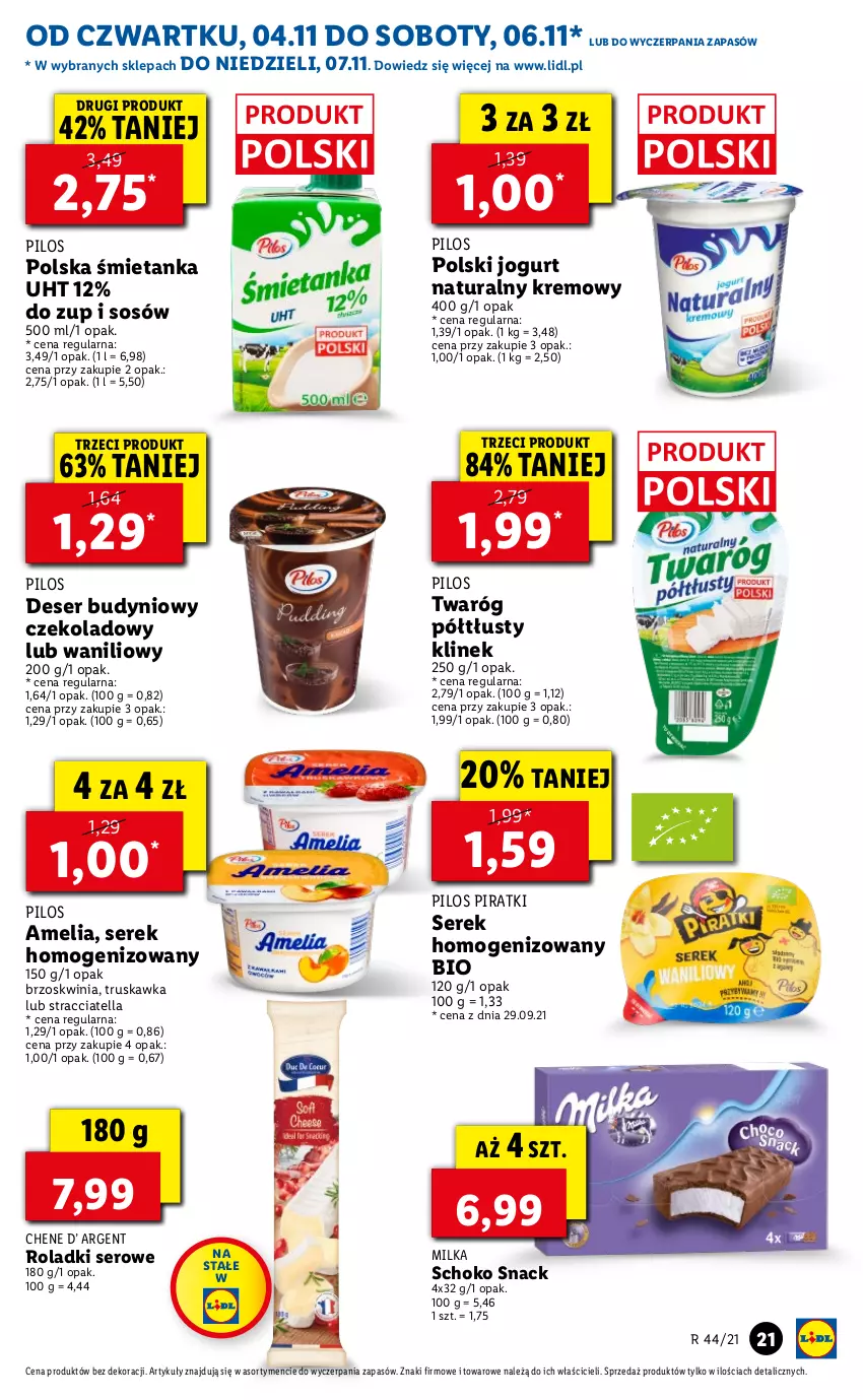 Gazetka promocyjna Lidl - GAZETKA - ważna 04.11 do 07.11.2021 - strona 21 - produkty: Deser, Jogurt, Jogurt naturalny, Milka, Pilos, Ser, Serek, Serek homogenizowany, Sos, Twaróg, Twaróg półtłusty