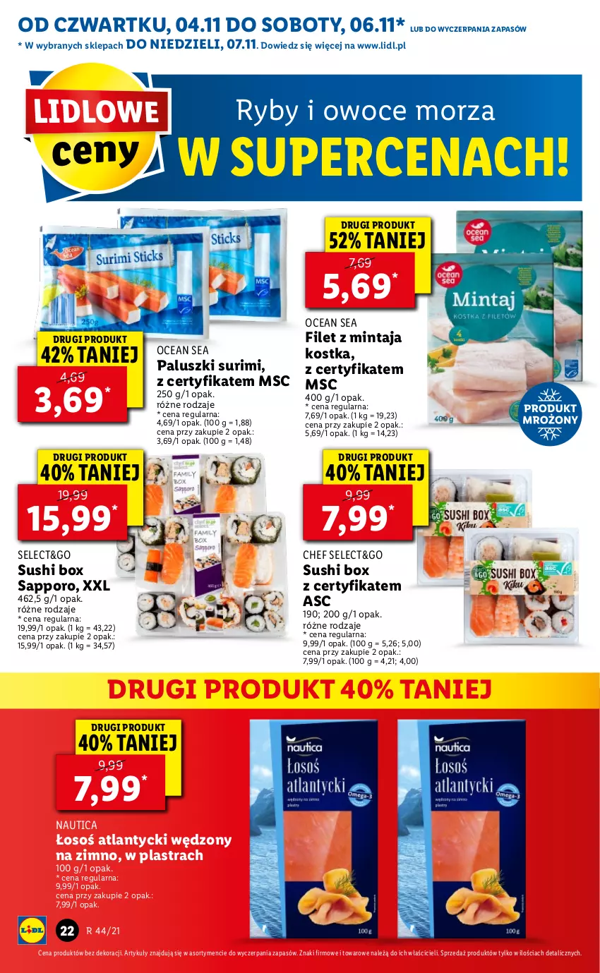 Gazetka promocyjna Lidl - GAZETKA - ważna 04.11 do 07.11.2021 - strona 22 - produkty: Filet z mintaja, Mintaj, Owoce, Owoce morza, Por, Ryby i owoce morza, Surimi, Sushi