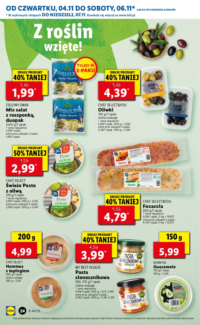 Gazetka promocyjna Lidl - GAZETKA - ważna 04.11 do 07.11.2021 - strona 24 - produkty: Amol, Focaccia, Hummus, Mus, Oliwki, Pesto, Sałat, Top