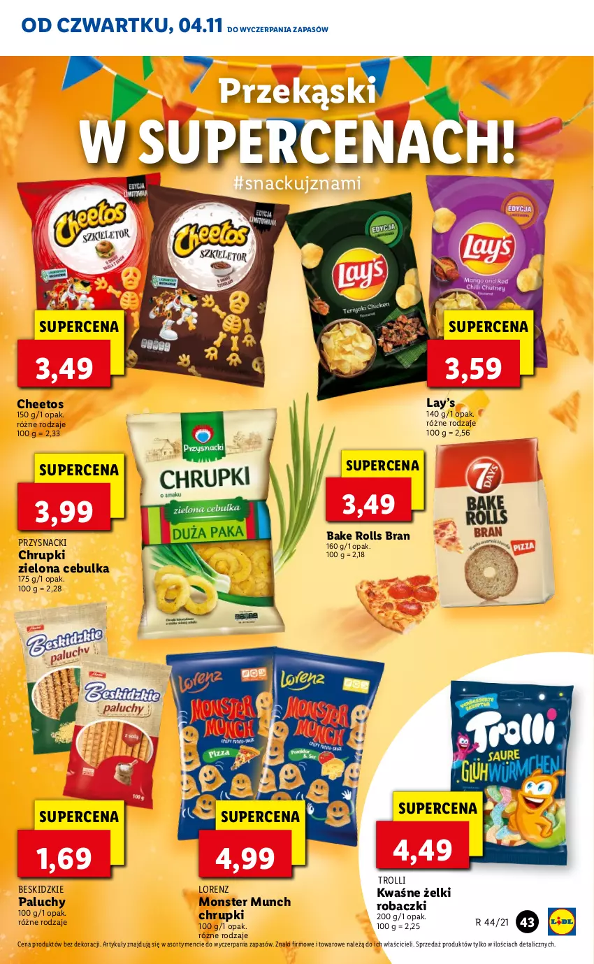 Gazetka promocyjna Lidl - GAZETKA - ważna 04.11 do 07.11.2021 - strona 43 - produkty: Bake Rolls, Beskidzki, Cheetos, Chrupki, Lay’s, Lorenz, Monster Munch, Przysnacki