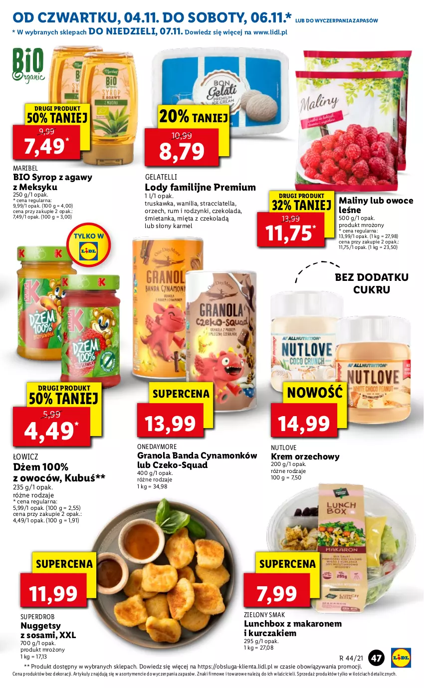 Gazetka promocyjna Lidl - GAZETKA - ważna 04.11 do 07.11.2021 - strona 47 - produkty: Czekolada, Dżem, Fa, Gra, Granola, Krem orzechowy, Kubuś, Kurczak, Lody, Makaron, Maliny, Mięta, Owoce, Rodzynki, Rum, Sos, Squad, Syrop