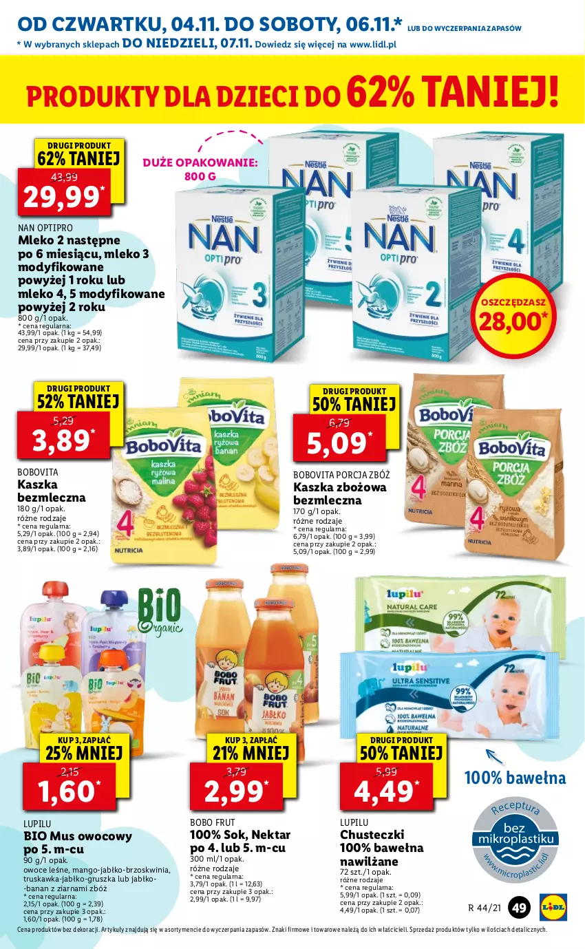 Gazetka promocyjna Lidl - GAZETKA - ważna 04.11 do 07.11.2021 - strona 49 - produkty: BoboVita, Chusteczki, Dzieci, Mango, Mleko, Mus, NAN Optipro, Nektar, Owoce, Por, Sok, Wełna