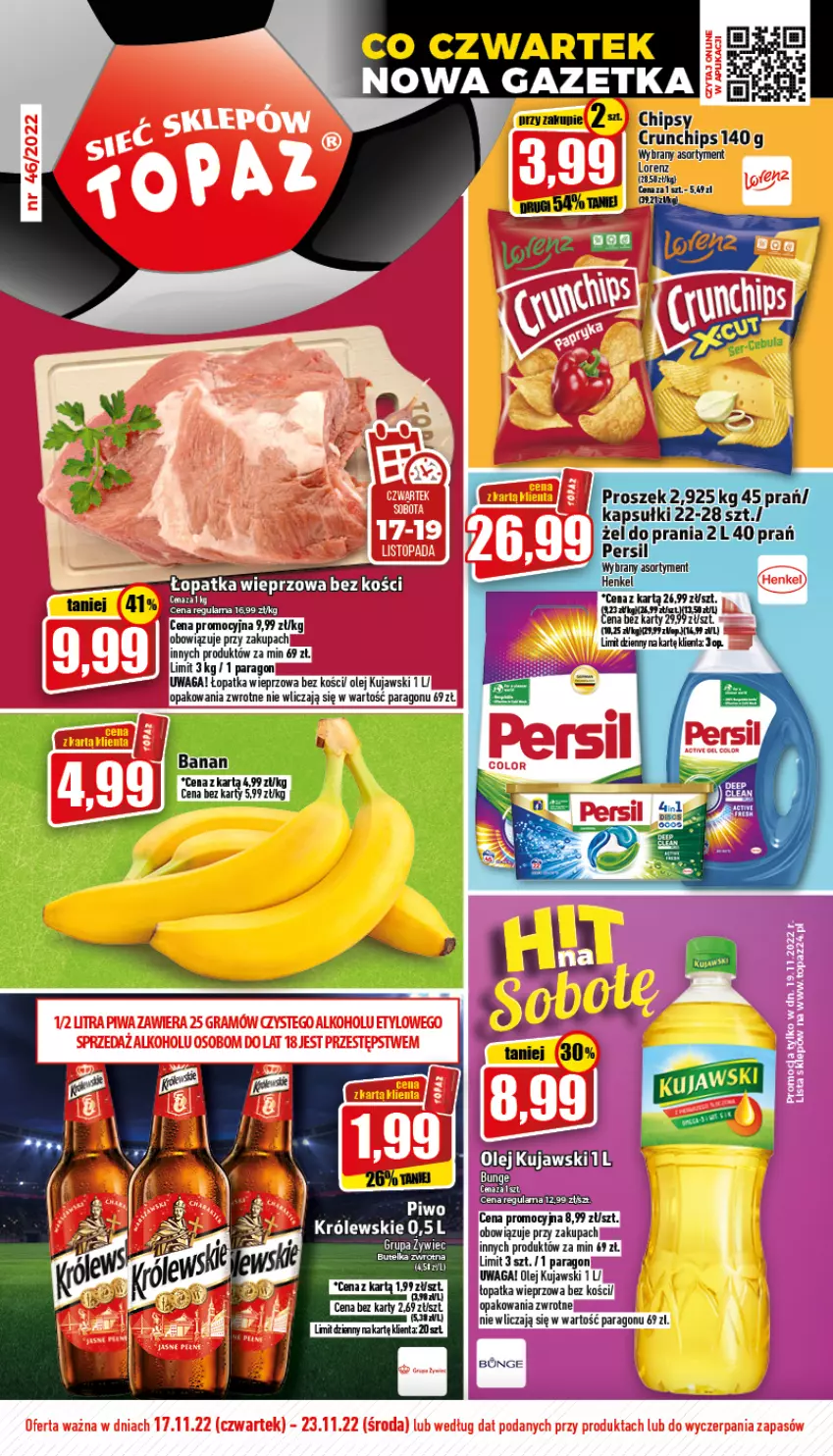 Gazetka promocyjna Topaz - Gazetka - ważna 17.11 do 23.11.2022 - strona 1 - produkty: Cebula, Chipsy, Crunchips, Kujawski, Lorenz, Olej, Waga