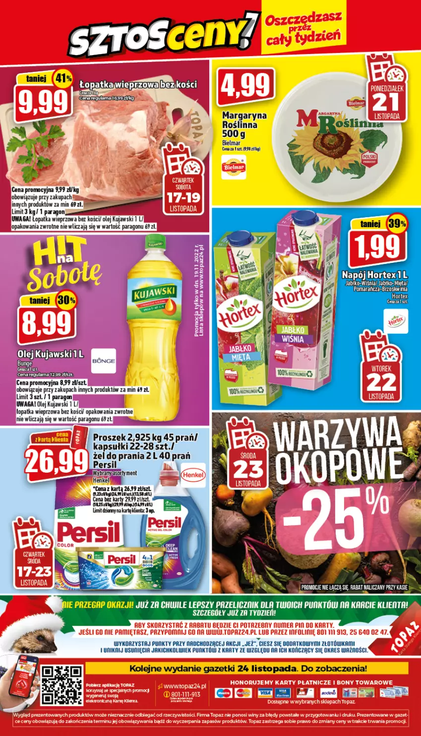 Gazetka promocyjna Topaz - Gazetka - ważna 17.11 do 23.11.2022 - strona 24 - produkty: Hortex, Kujawski, Mięta, Napój, Olej, Persil, Top, Waga