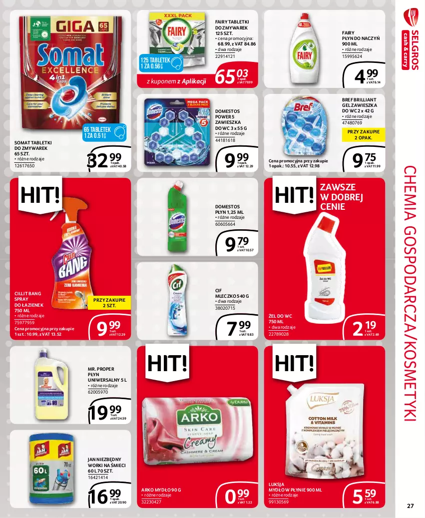 Gazetka promocyjna Selgros - Extra Oferta - ważna 01.01 do 31.01.2022 - strona 27 - produkty: Bref, Cif, Cillit Bang, Domestos, Fa, Fairy, Jan Niezbędny, Luksja, Mleczko, Mr. Proper, Mydło, Mydło w płynie, Somat, Tablet, Worki na śmiec, Worki na śmieci, Zawieszka do wc