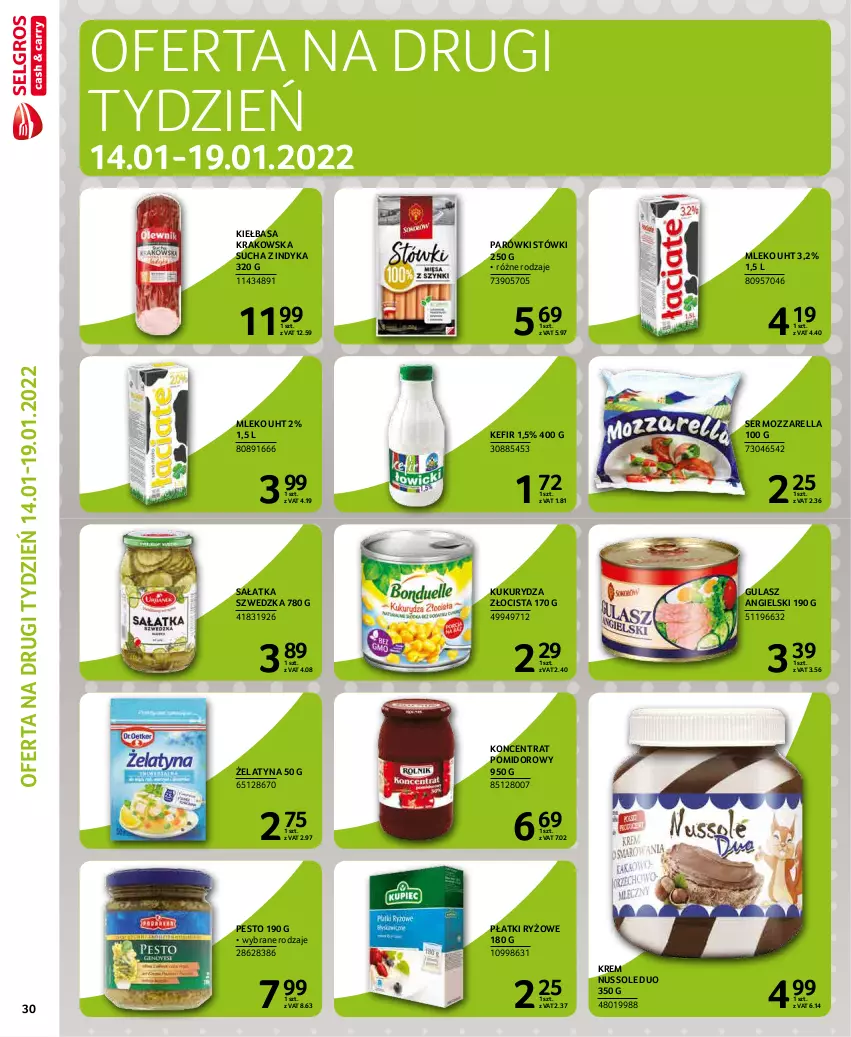 Gazetka promocyjna Selgros - Extra Oferta - ważna 01.01 do 31.01.2022 - strona 30 - produkty: Kefir, Kiełbasa, Kiełbasa krakowska, Koncentrat pomidorowy, Kukurydza, Mleko, Mozzarella, Parówki, Pesto, Płatki ryżowe, Ryż, Sałat, Sałatka, Ser