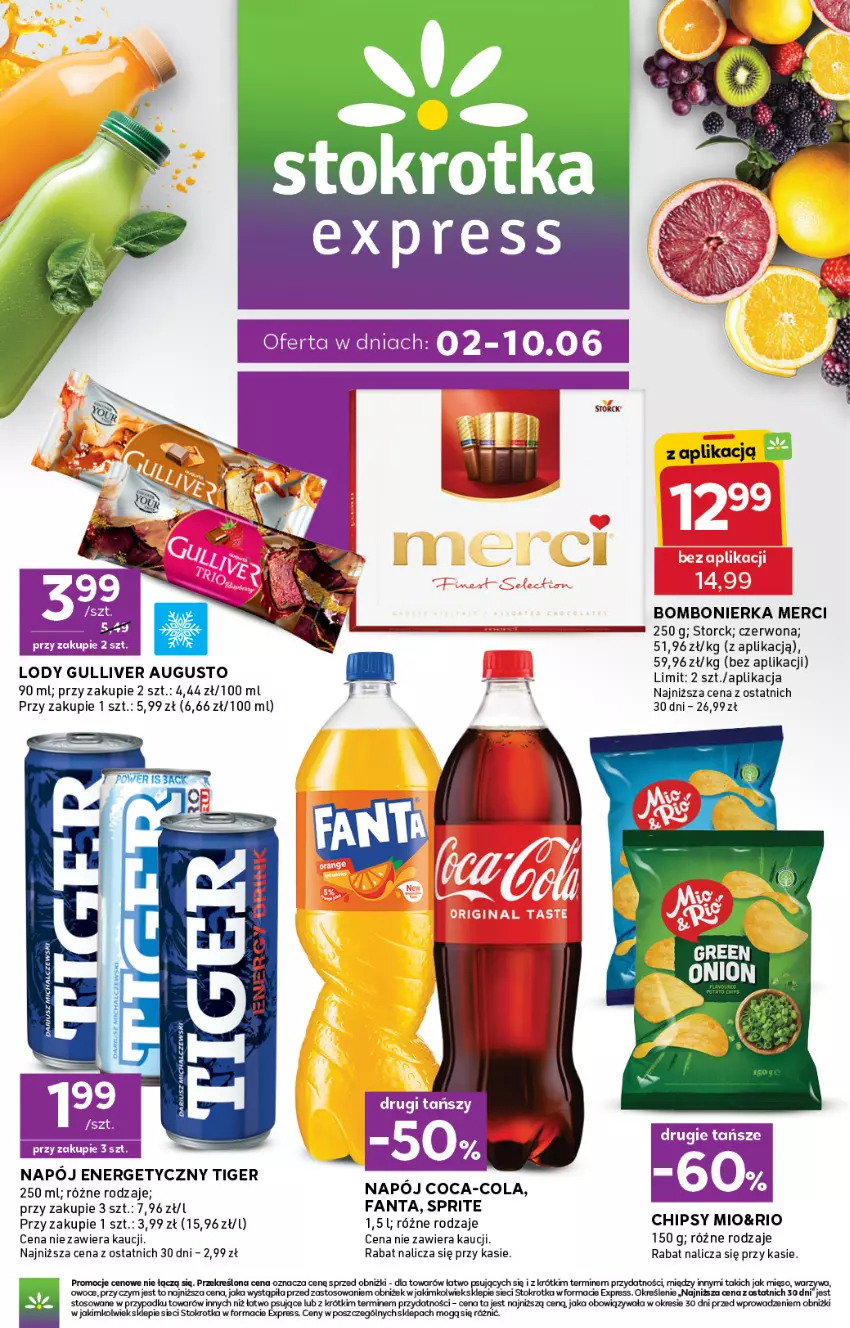 Gazetka promocyjna Stokrotka - Express - ważna 02.06 do 10.06.2026 - strona 1 - produkty: Chipsy, Coca-Cola, Fa, Fanta, Kaki, Lody, Merci, Mięso, Napój, Napój energetyczny, Owoce, Sprite, Tiger