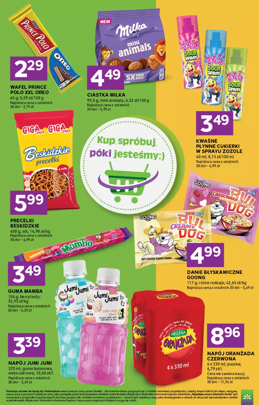 Gazetka promocyjna Stokrotka - Express - ważna 02.06 do 10.06.2026 - strona 5 - produkty: Beskidzki, Ciastka, Cukier, Cukierki, Mamba, Mięso, Milka, Napój, Oranżada, Oreo, Owoce, Precelki, Sól, Warzywa, Wata cukrowa