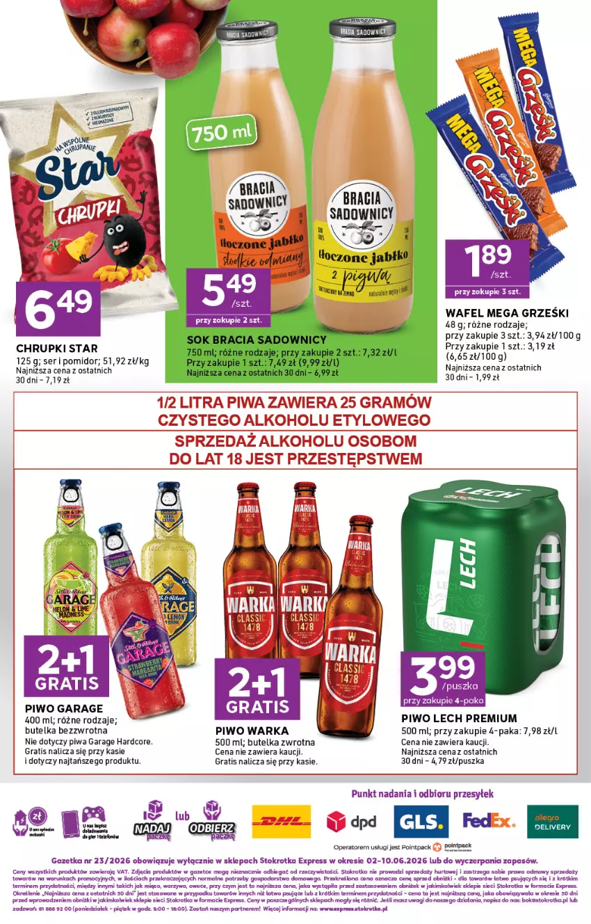 Gazetka promocyjna Stokrotka - Express - ważna 02.06 do 10.06.2026 - strona 6 - produkty: Allegro, Chrupki, Gra, Grześki, Lech Premium, Mięso, O nas, Owoce, Piwa, Piwo, Ser, Wagi, Warka, Warzywa