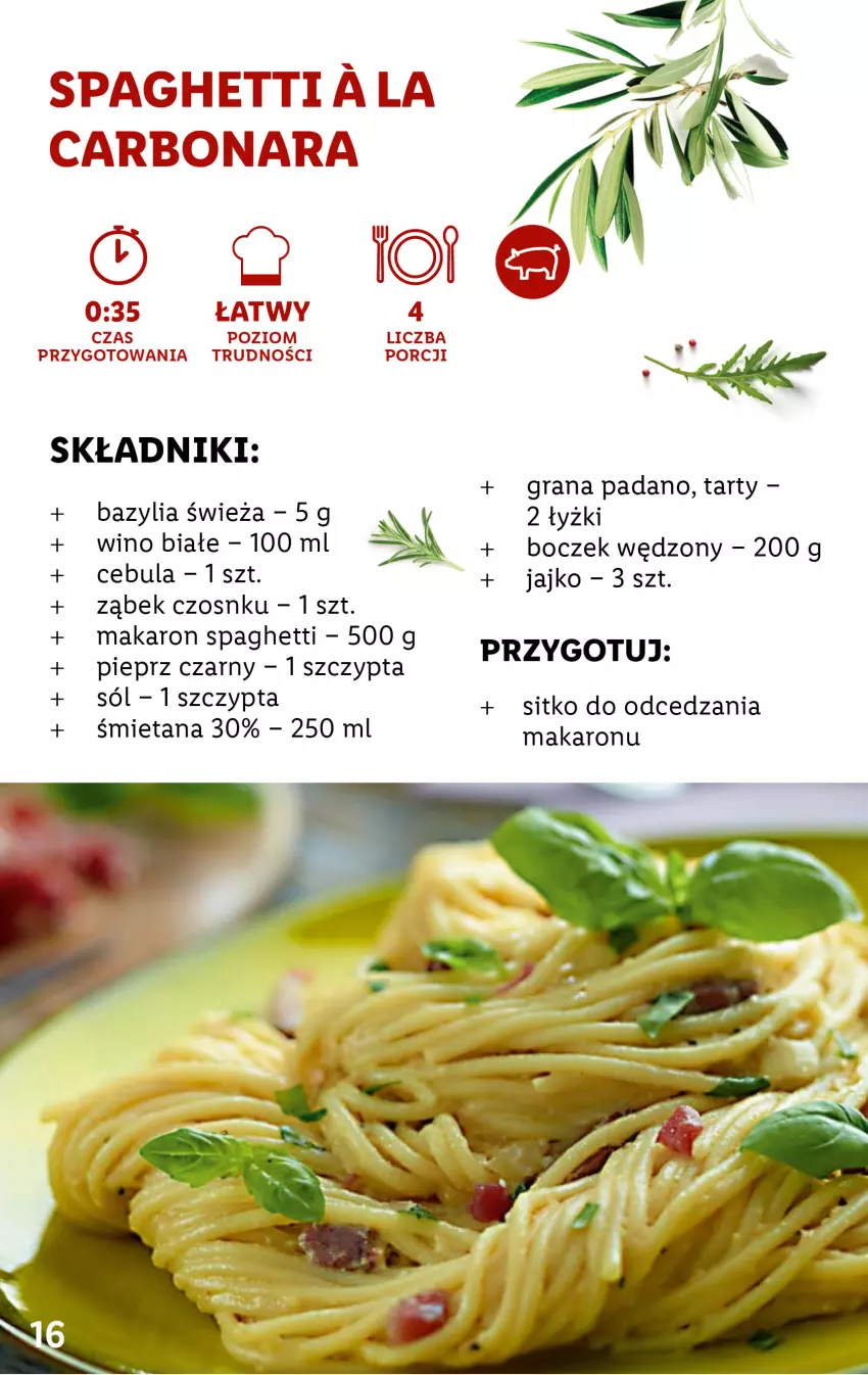 Gazetka promocyjna Lidl - KATALOG ITALIAMO - ważna 06.02 do 11.02.2023 - strona 16 - produkty: Bazyl, Bazylia, Boczek, Cebula, Gra, Makaron, Pieprz, Por, Sitko, Sól, Spaghetti, Wino, Wino białe