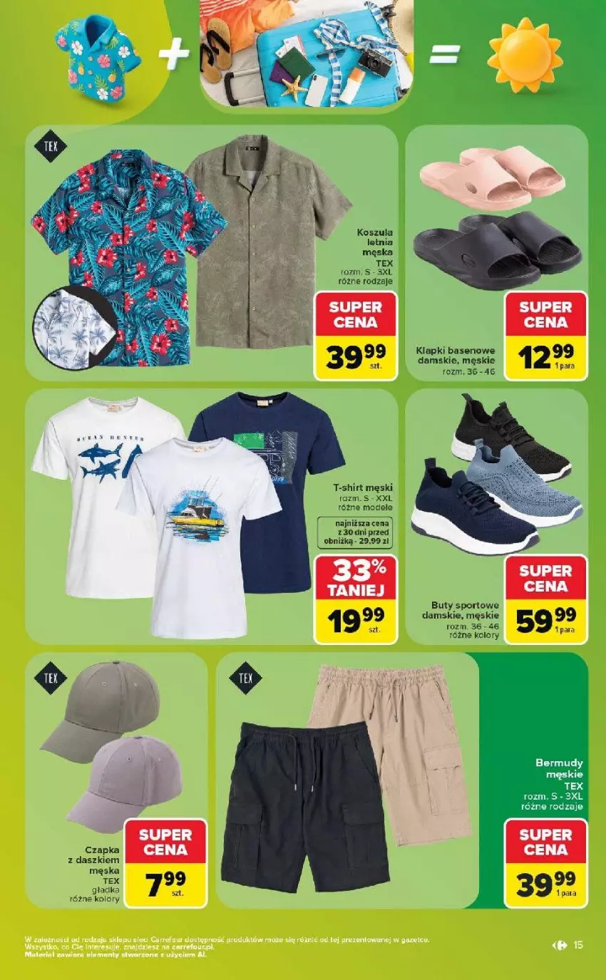 Gazetka promocyjna Carrefour - Gazetka Carrefour w SUMIE same ostatnie sztuki i letnie hity - ważna 27.07 do 08.08.2026 - strona 15 - produkty: Buty, Czapka, Klapki, Kosz, Koszula, Por, Sport, T-shirt