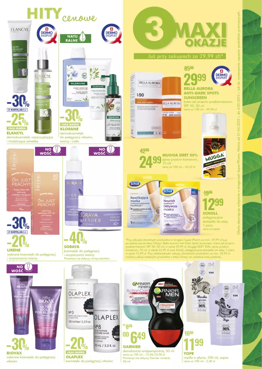 Gazetka promocyjna Super Pharm - Gazetka - ważna 21.04 do 04.05.2022 - strona 3 - produkty: Antyperspirant, Bell, Bella, Biovax, Garnier, Klorane, Kosmetyki do pielęgnacji, Lirene, Scholl, Ser, Yope