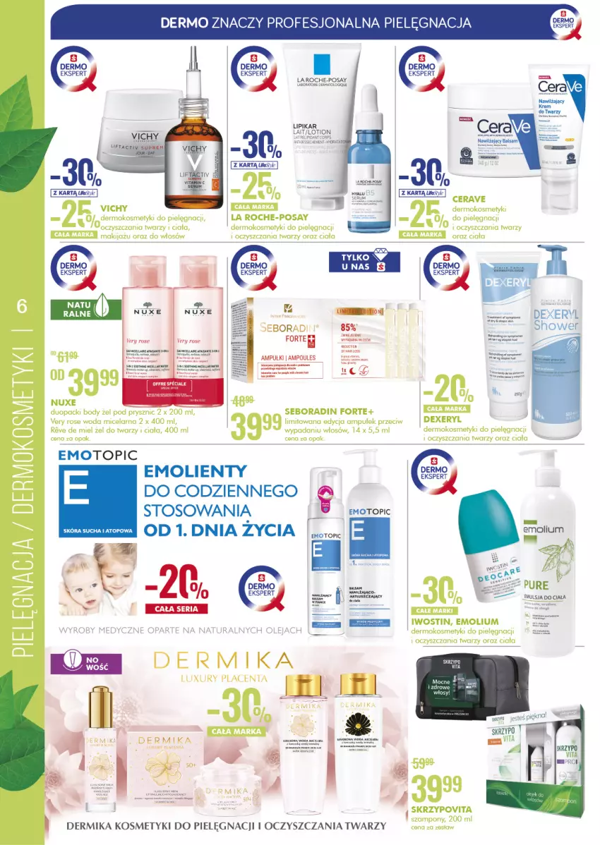 Gazetka promocyjna Super Pharm - Gazetka - ważna 21.04 do 04.05.2022 - strona 6 - produkty: Body, Dermika, Emolium, Fa, Gra, Kosmetyki do pielęgnacji, La Roche-Posay, Lipikar, Makijaż, Nuxe, Olej, Seboradin, Szampon, Top, Vichy, Woda, Woda micelarna