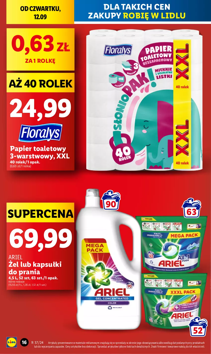 Gazetka promocyjna Lidl - GAZETKA - ważna 12.09 do 14.09.2024 - strona 16 - produkty: Ariel, Kapsułki do prania, Papier, Papier toaletowy