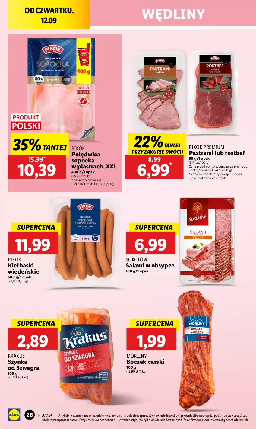 Gazetka promocyjna Lidl - GAZETKA - ważna 12.09 do 14.09.2024 - strona 30 - produkty: Boczek, Cars, Gra, Krakus, Morliny, PIKOK, Polędwica, Rostbef, Salami, Sok, Sokołów, Szynka