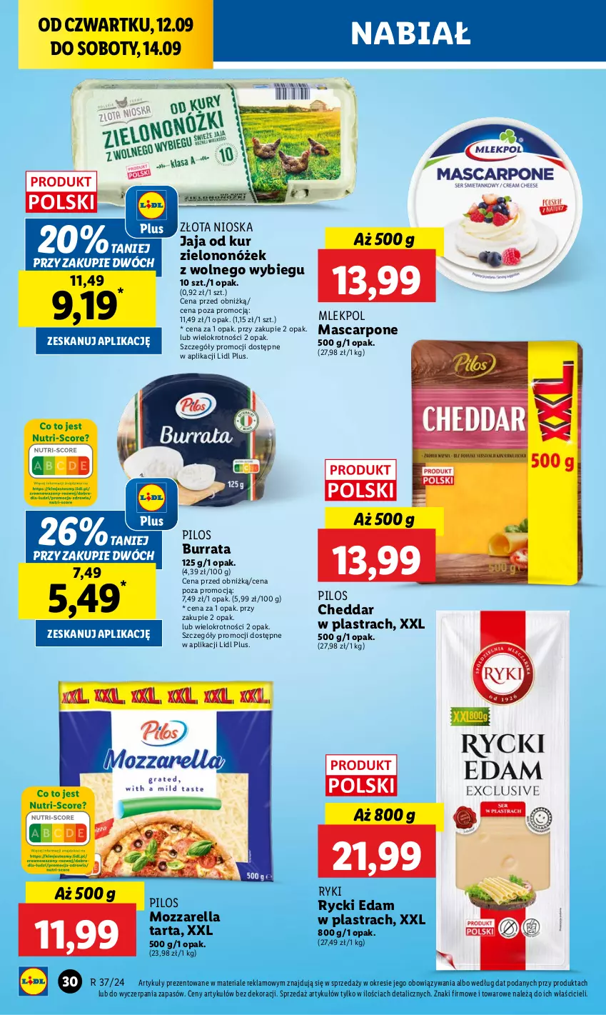 Gazetka promocyjna Lidl - GAZETKA - ważna 12.09 do 14.09.2024 - strona 32 - produkty: Burrata, Cheddar, Edam, Jaja, Mascarpone, Mozzarella, Pilos, Rycki Edam, Tarta