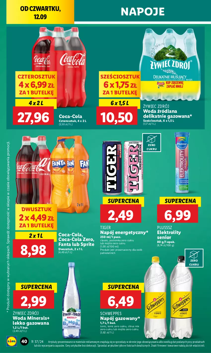 Gazetka promocyjna Lidl - GAZETKA - ważna 12.09 do 14.09.2024 - strona 44 - produkty: Coca-Cola, Fa, Fanta, LANA, Napój, Napój energetyczny, Napój gazowany, Napoje, Schweppes, Sprite, Tiger, Woda