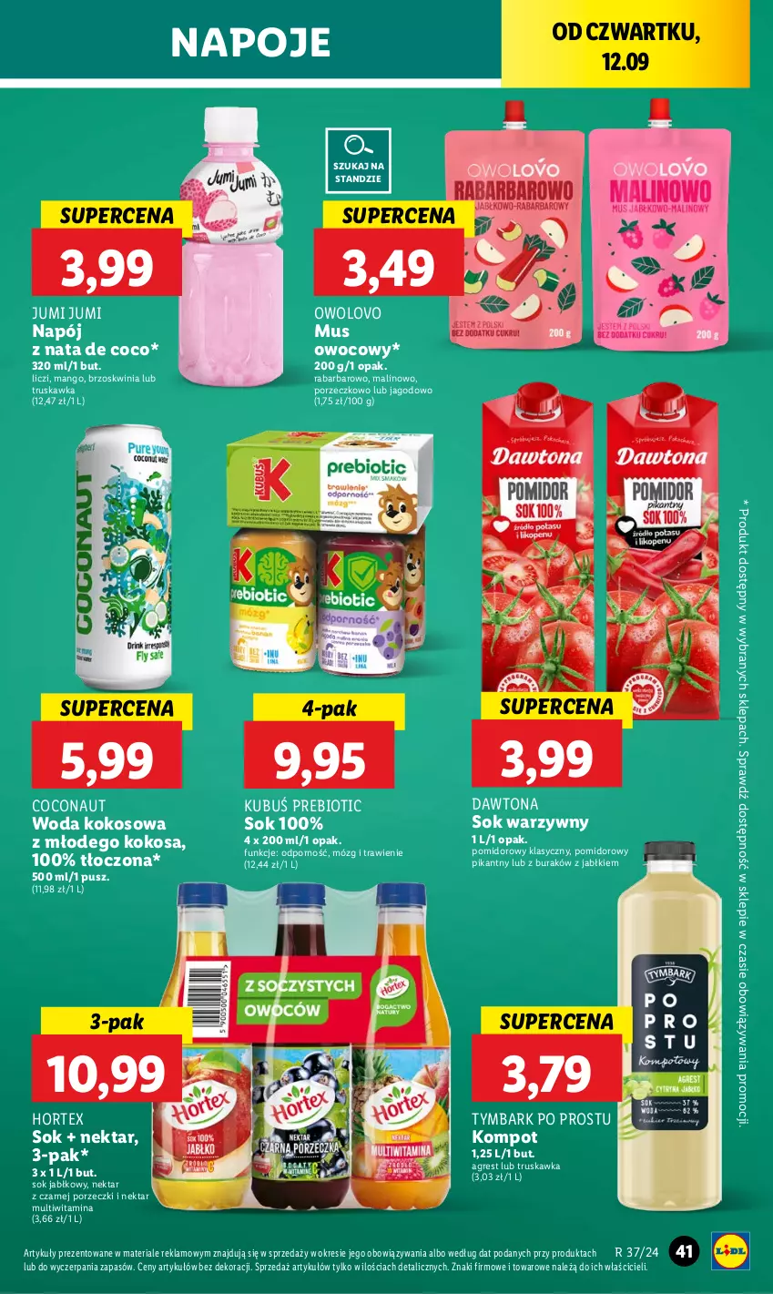 Gazetka promocyjna Lidl - GAZETKA - ważna 12.09 do 14.09.2024 - strona 45 - produkty: Dawtona, Gres, Hortex, Kokos, Kubuś, Liczi, Mango, Mus, Napój, Napoje, Nektar, Por, Sok, Sok jabłkowy, Tymbark, Woda