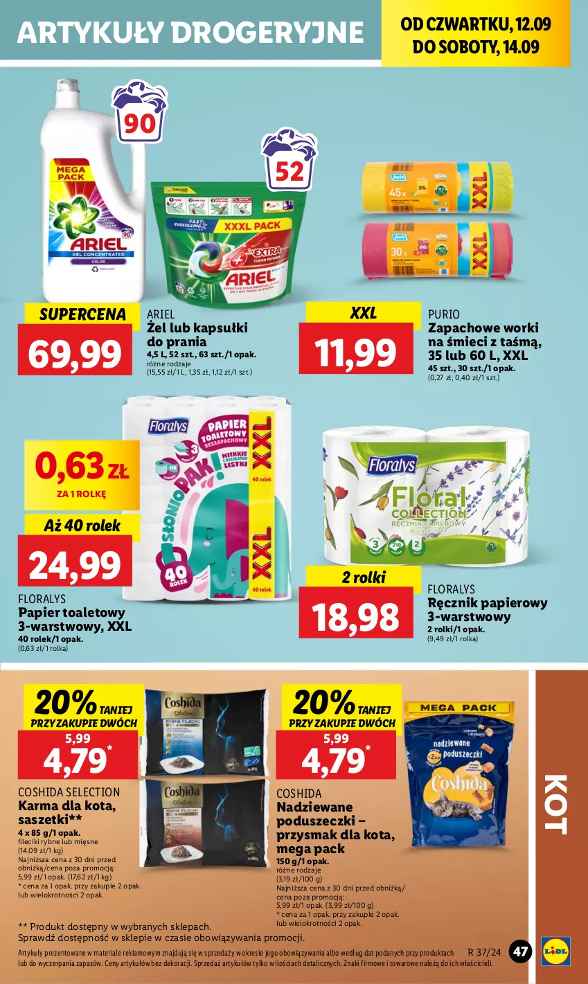 Gazetka promocyjna Lidl - GAZETKA - ważna 12.09 do 14.09.2024 - strona 51 - produkty: Ariel, Flora, Kapsułki do prania, Papier, Papier toaletowy, Przysmak dla kota, Pur, Ręcznik, Rolki, Worki na śmiec, Worki na śmieci