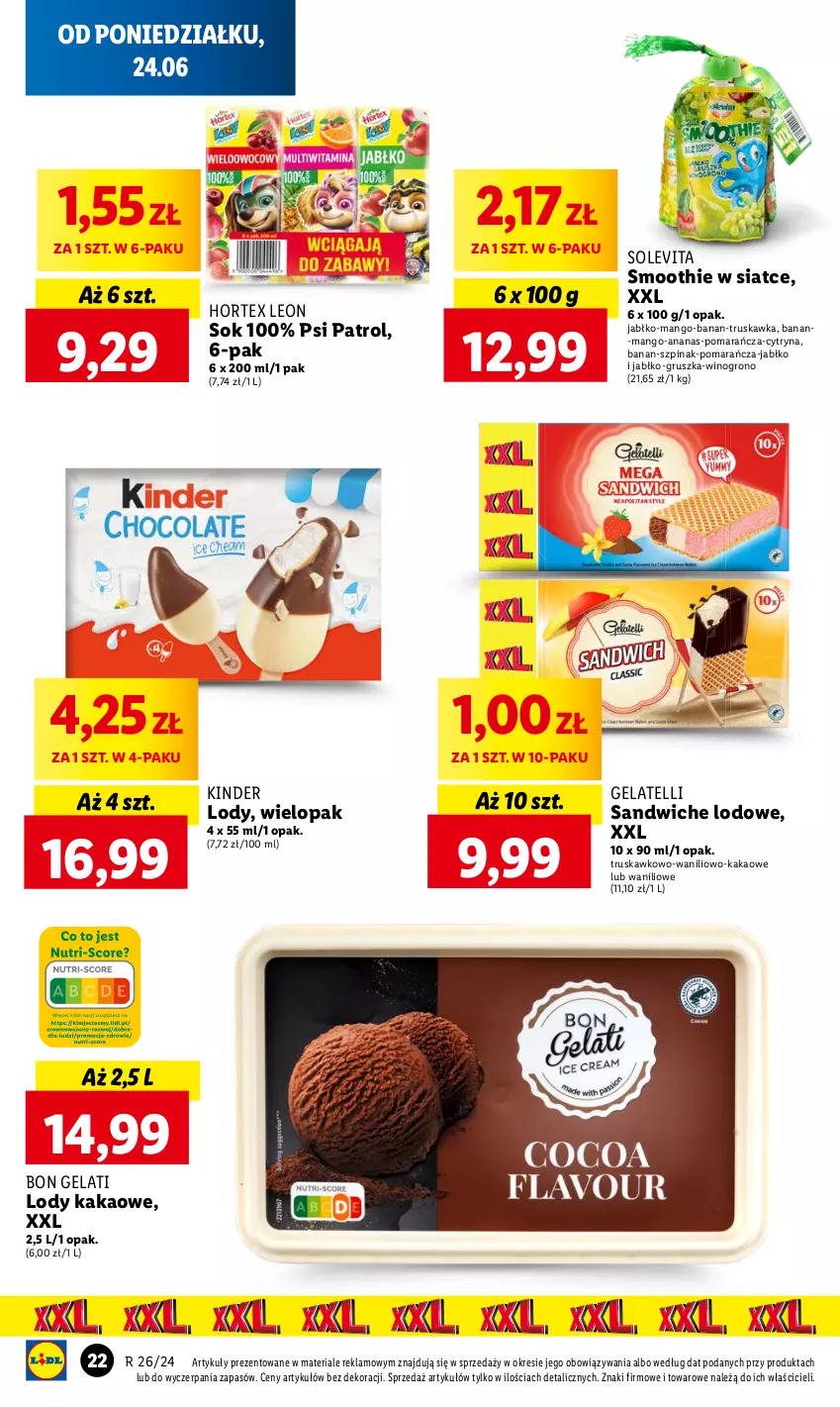 Gazetka promocyjna Lidl - GAZETKA - ważna 24.06 do 26.06.2024 - strona 24 - produkty: Ananas, Hortex, Kakao, Kinder, Leon, Lody, Mango, Psi Patrol, Smoothie, Sok, Szpinak, Wino