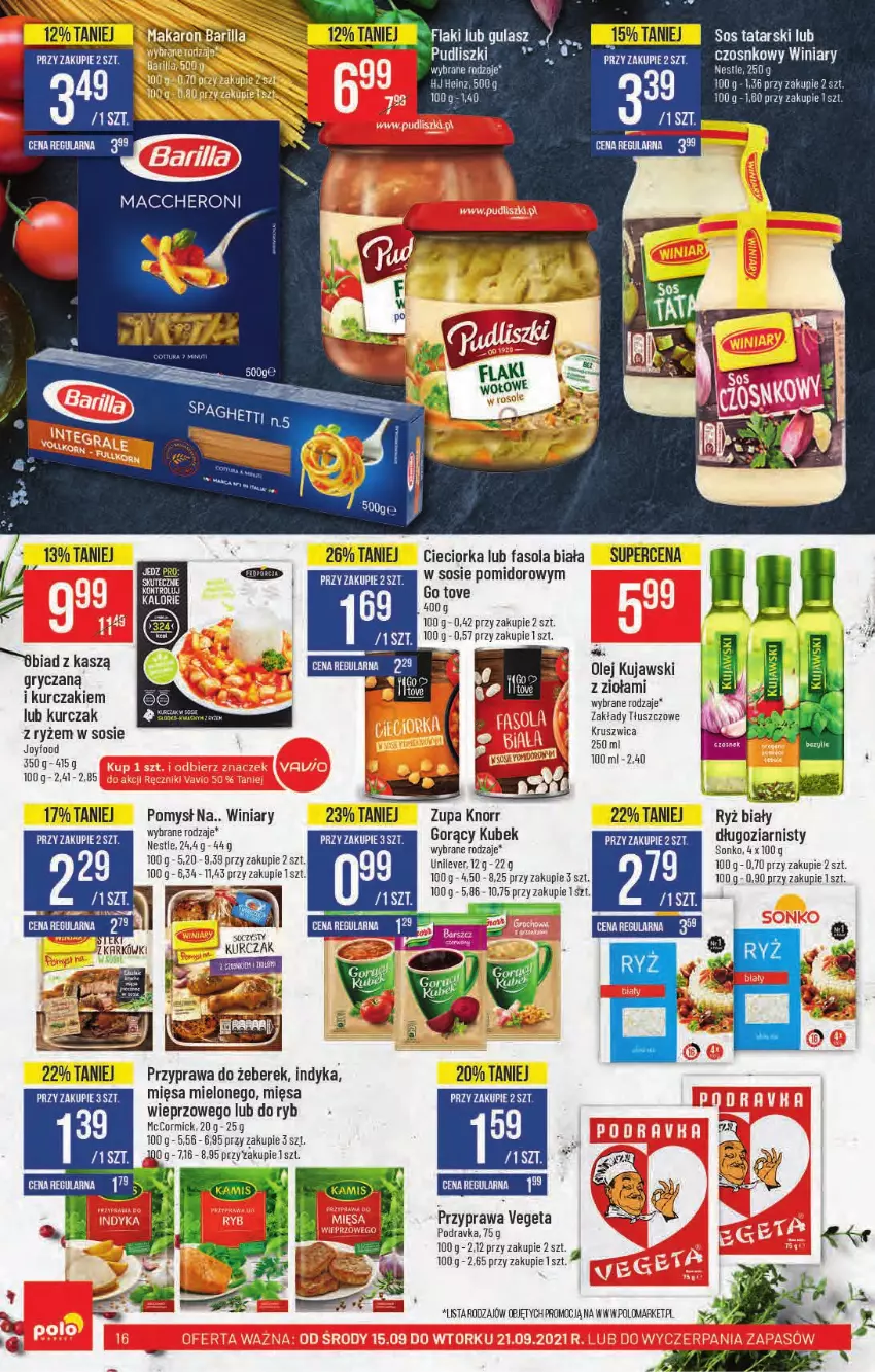 Gazetka promocyjna PoloMarket - Gazetka pomocyjna - ważna 15.09 do 21.09.2021 - strona 16 - produkty: Fa, Fasola, Gry, Heinz, Knorr, Kubek, Kujawski, Kurczak, Olej, Pudliszki, Ryż, Ryż biały, Sonko, Sos, Vegeta, Winiary, Zupa