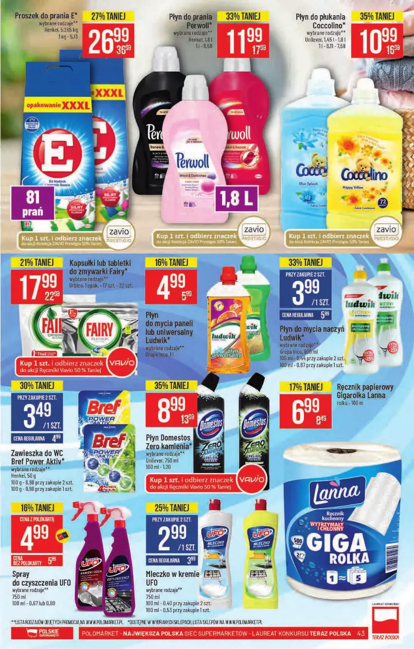 Gazetka promocyjna PoloMarket - Gazetka pomocyjna - ważna 15.09 do 21.09.2021 - strona 43 - produkty: Bref, Coccolino, Domestos, Fa, Laur, Mleczko, Papier, Perwoll, Płyn do płukania, Ręcznik, Tera, Zawieszka do wc