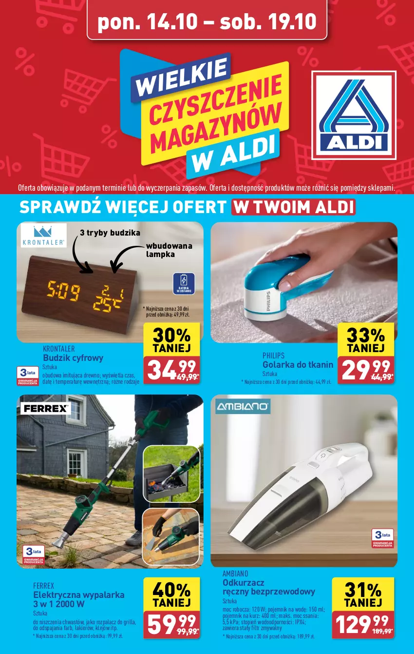 Gazetka promocyjna Aldi - Artykuły przemysłowe i tekstylia - ważna 14.10 do 19.10.2024 - strona 2 - produkty: Bateria, Budzik, Fa, Golarka, Grill, Klej, Lakier, Odkurzacz, Philips, Pojemnik, Por, Top