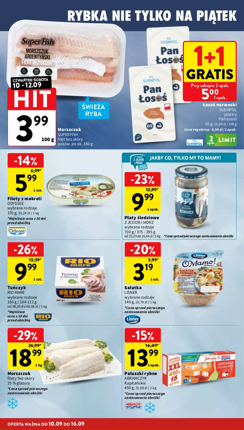 Gazetka promocyjna Intermarche - Gazetka promocyjna - ważna 10.09 do 16.09.2026 - strona 16 - produkty: Gra, Lazur, Lisner, Paluszki rybne, Płaty śledziowe, Rio Mare, Ryba, Sałat, Sałatka, Suempol, Tuńczyk