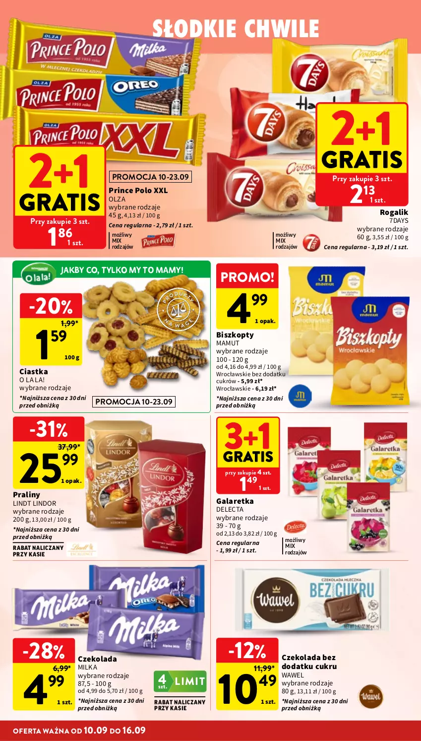 Gazetka promocyjna Intermarche - Gazetka promocyjna - ważna 10.09 do 16.09.2026 - strona 24 - produkty: Biszkopty, Ciastka, Czekolada, Delecta, Gala, Galaretka, Gra, Lindor, Lindt, Milka, Praliny, Prince Polo, Rogal, Wawel