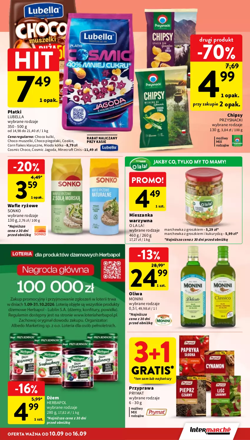 Gazetka promocyjna Intermarche - Gazetka promocyjna - ważna 10.09 do 16.09.2026 - strona 25 - produkty: Bell, Bella, Chipsy, Corn flakes, Dżem, Gra, Herbapol, Lubella, Marchewka, Mieszanka warzyw, Minecraft, Monini, Mus, Oliwa, Prymat, Przysnacki, Ryż, Sonko, Wafle