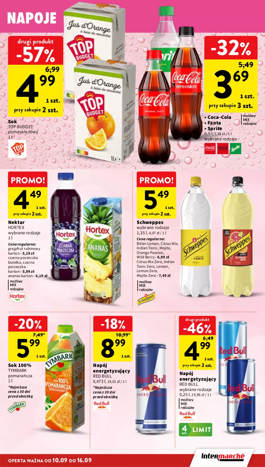 Gazetka promocyjna Intermarche - Gazetka promocyjna - ważna 10.09 do 16.09.2026 - strona 29 - produkty: Ananas, Coca-Cola, Fa, Fanta, Grejpfrut, Hortex, Napój, Napoje, Nektar, Por, Red Bull, Rubin, Schweppes, Sok, Sprite, Top, Tymbark