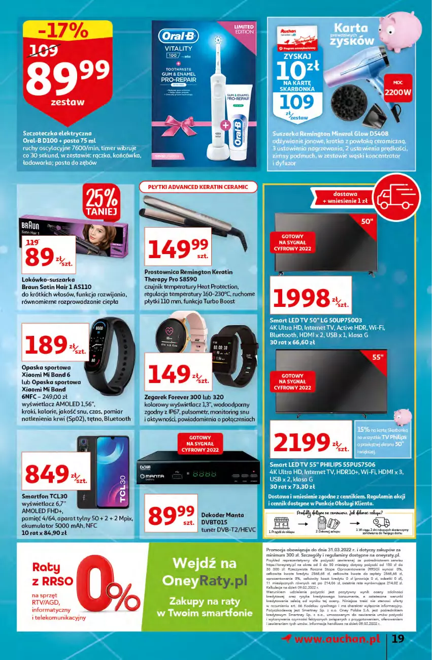 Gazetka promocyjna Auchan - przeNISKIE CENY prze smacznego Dnia Kobiet Hipermarkety - ważna 03.03 do 09.03.2022 - strona 19 - produkty: Akumulator, Amol, Braun, LG, Manta, Monitor, Opaska, Por, Remington, Sati, Smartfon, Sól, Sport, Suszarka, Zegar, Zegarek